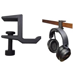 Desk Headphone Holder – Clamp-On Headset Hanger (Black, Up to 30 mm)